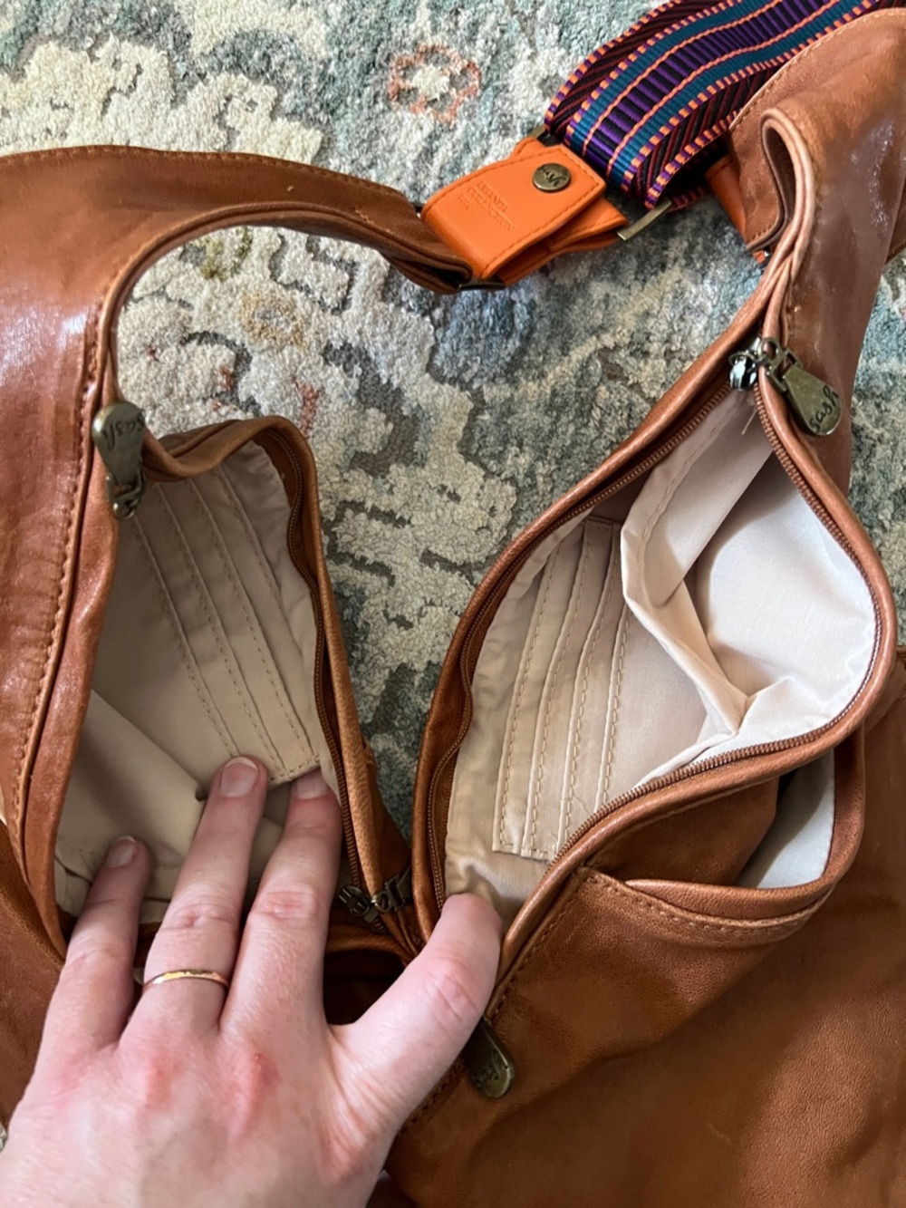 Sash Brown Leather Crossbody with Jacquard Strap - Picture 6 of 12